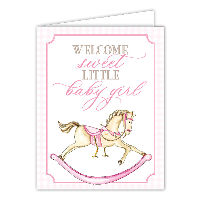 Card - Handpainted Pink Welcome Sweet Little Baby Girl Rocking Horse