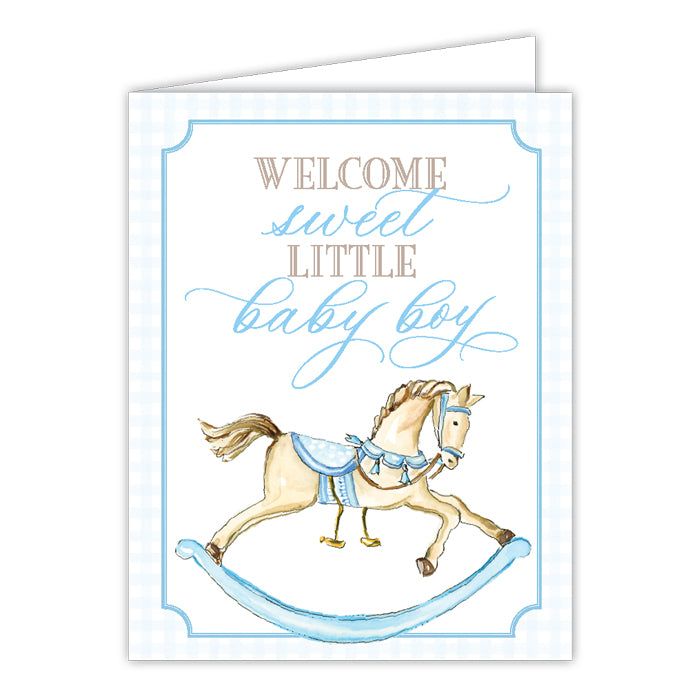 Card - Handpainted Blue Welcome Sweet Little Baby Boy Rocking Horse