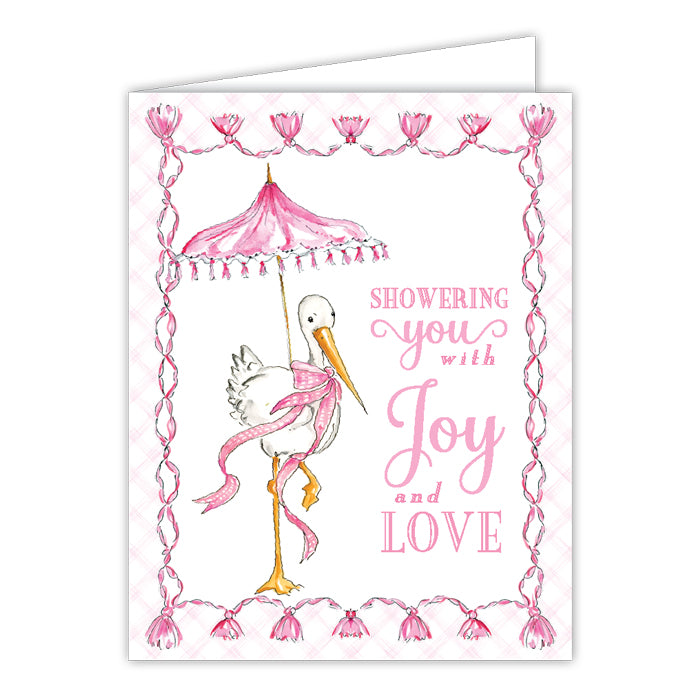Card - Handpainted Showering you with Joy and Love Pink Stork