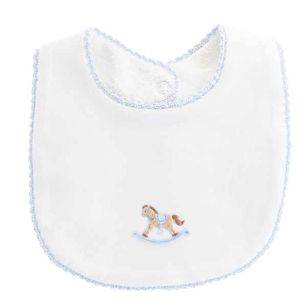 Cute Rocking Horse Embroidered Bib With Crochet Trim, Blue