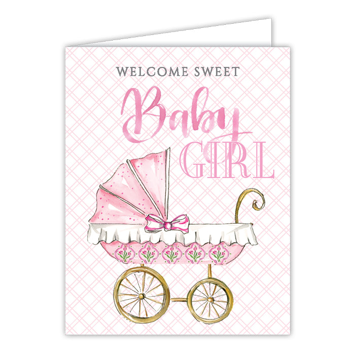 Card - Handpainted Welcome Sweet Baby Girl Carriage