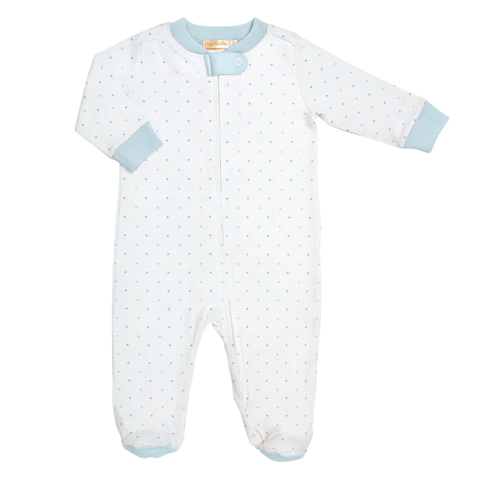 Blue Dots Printed Zipped Footie, Blue Trim