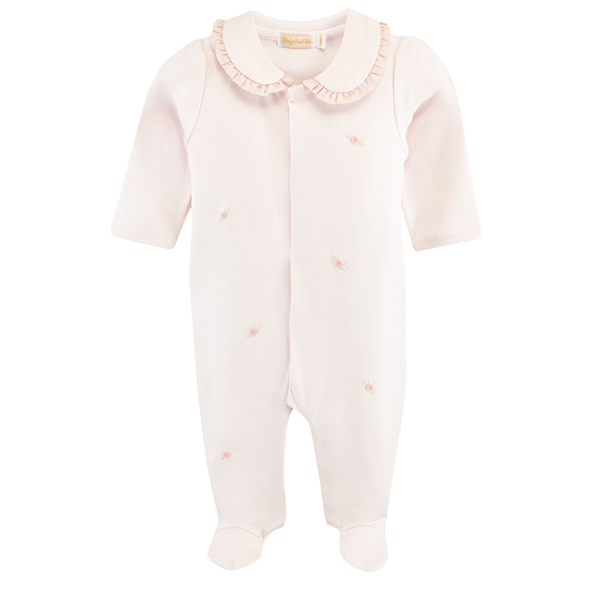 Collared Footie W/all Over Embroidery, Pink Rosebuds
