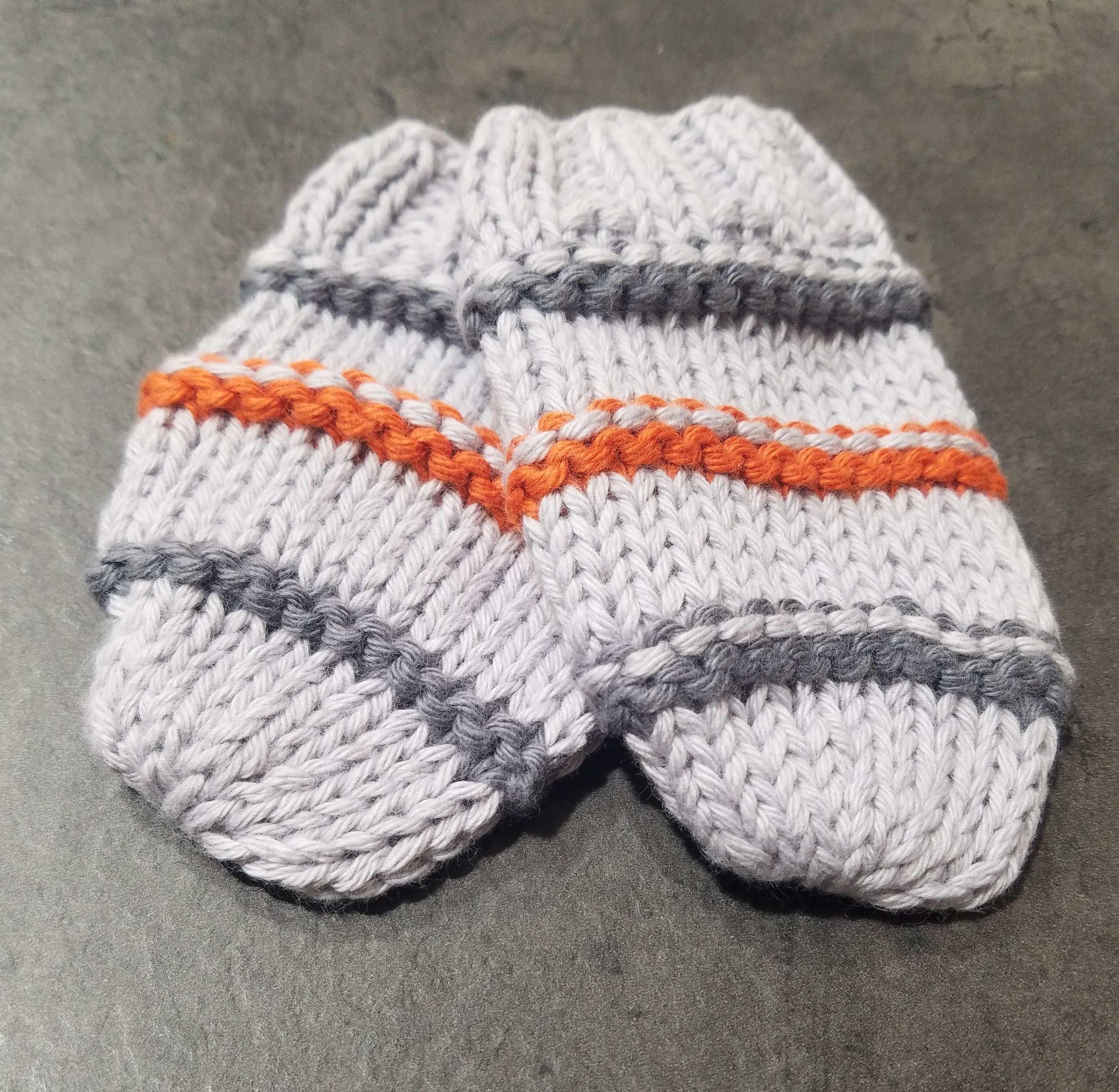Thumbless Knit Mittens, LtGrey/Charcoal/Orange