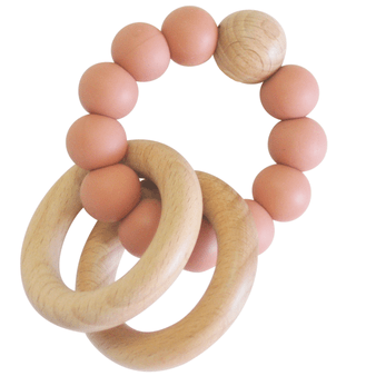 Natural Beechwood & Silicone Teether Ring Set - Terracotta Pink