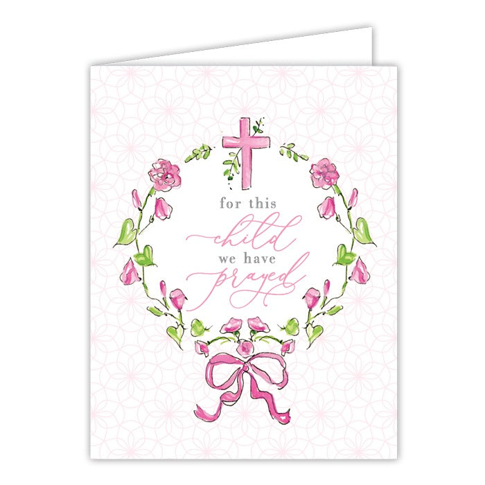 Card - For This Child We Have Prayed, Cross And Florals, Pink