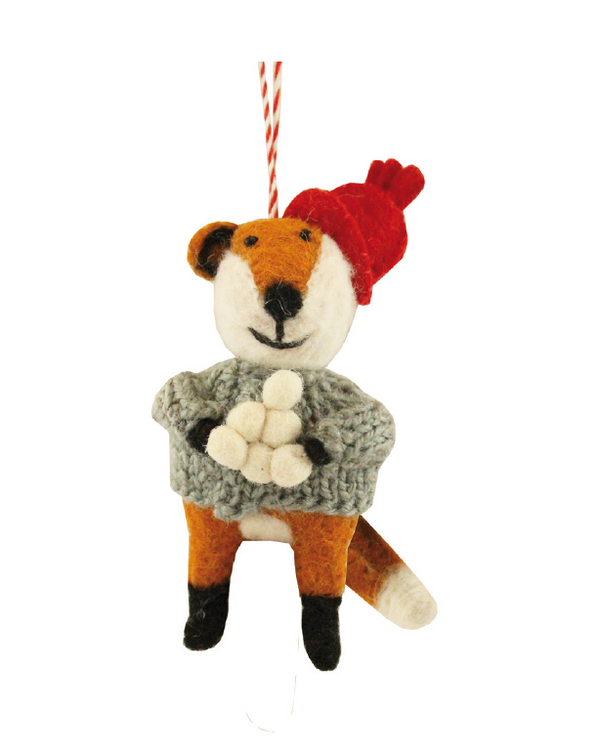 Fox with Hat and Snowballs Decoration