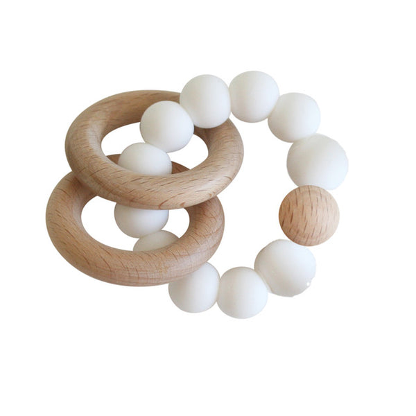 Natural Beechwood & Silicone Teether Ring Set - Milk