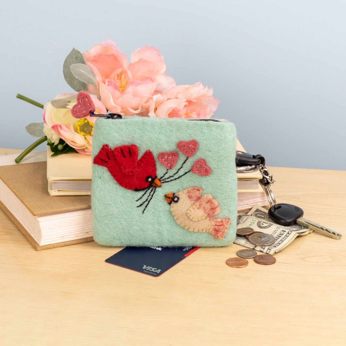 Wild Woolies Handmade Wool Coinpurse - Love Cardinals