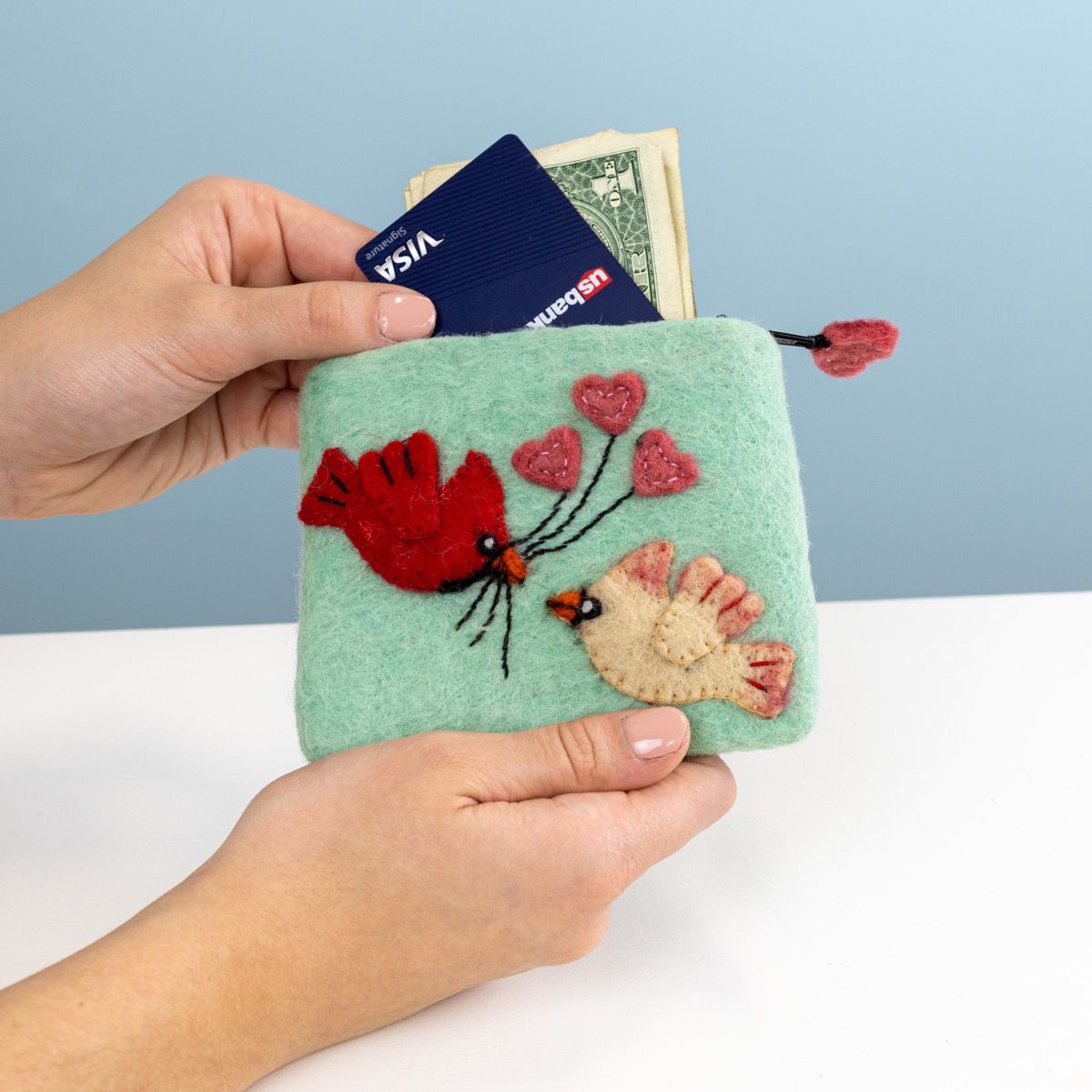 Wild Woolies Handmade Wool Coinpurse - Love Cardinals