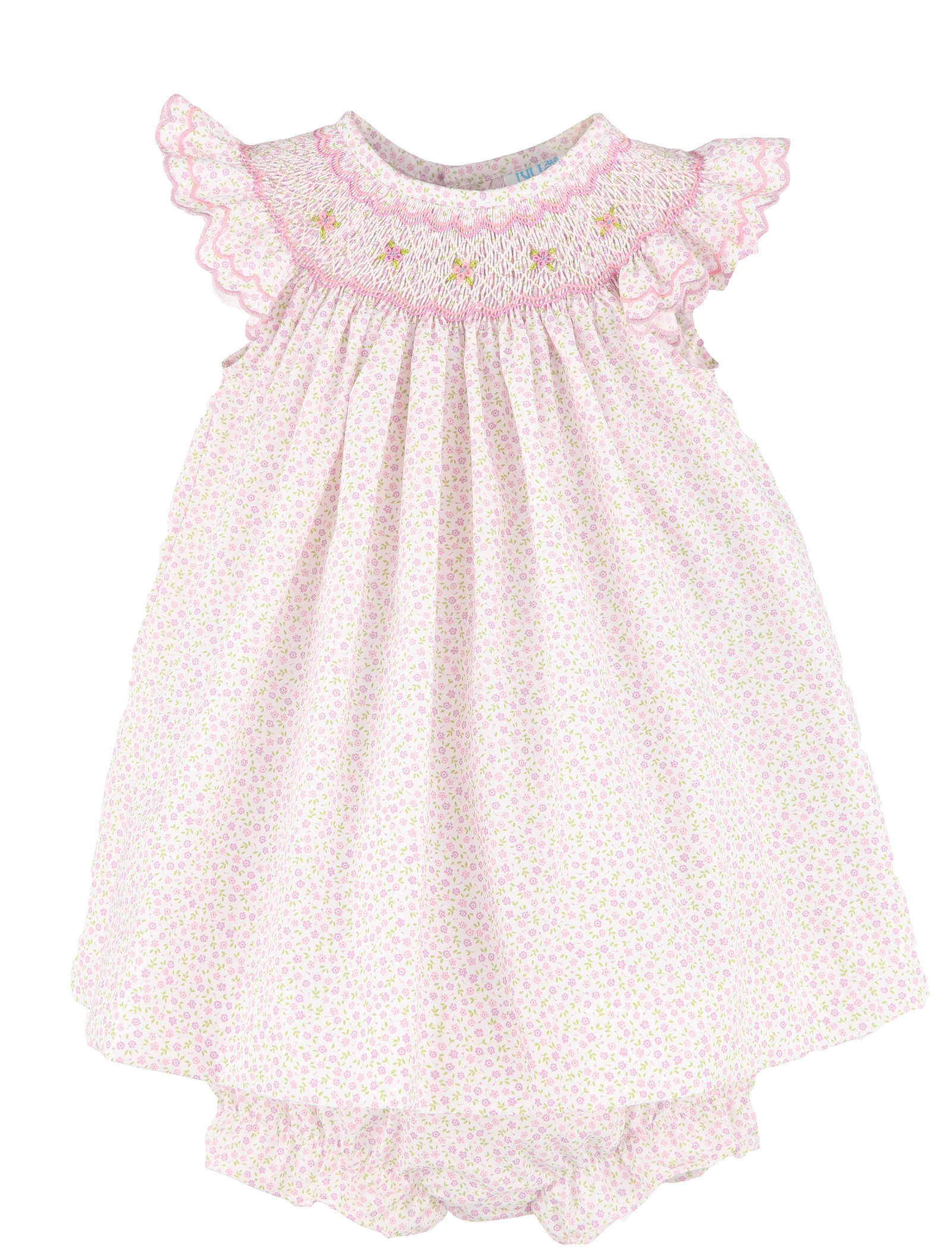 Luli & Me Miniflowers Feston Bishop Dress Set, Pink, Embroidery Handmade