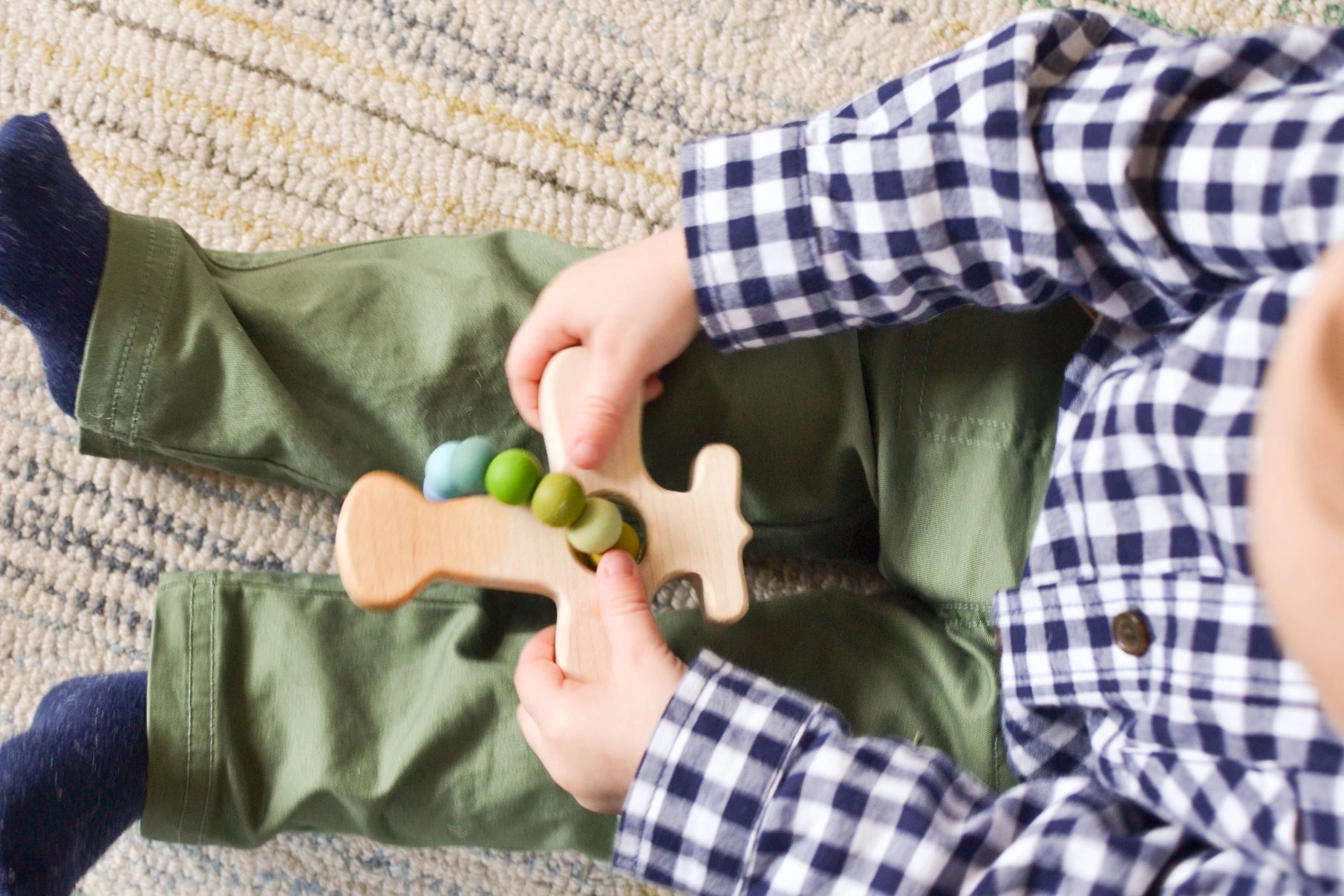 Bannor Toys Airplane Grasping Wooden Baby Toy with Teething Beads, Mountain