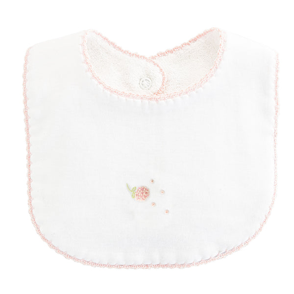 Embroidered Bib With Spring Flowers and Pink Crochet Trim