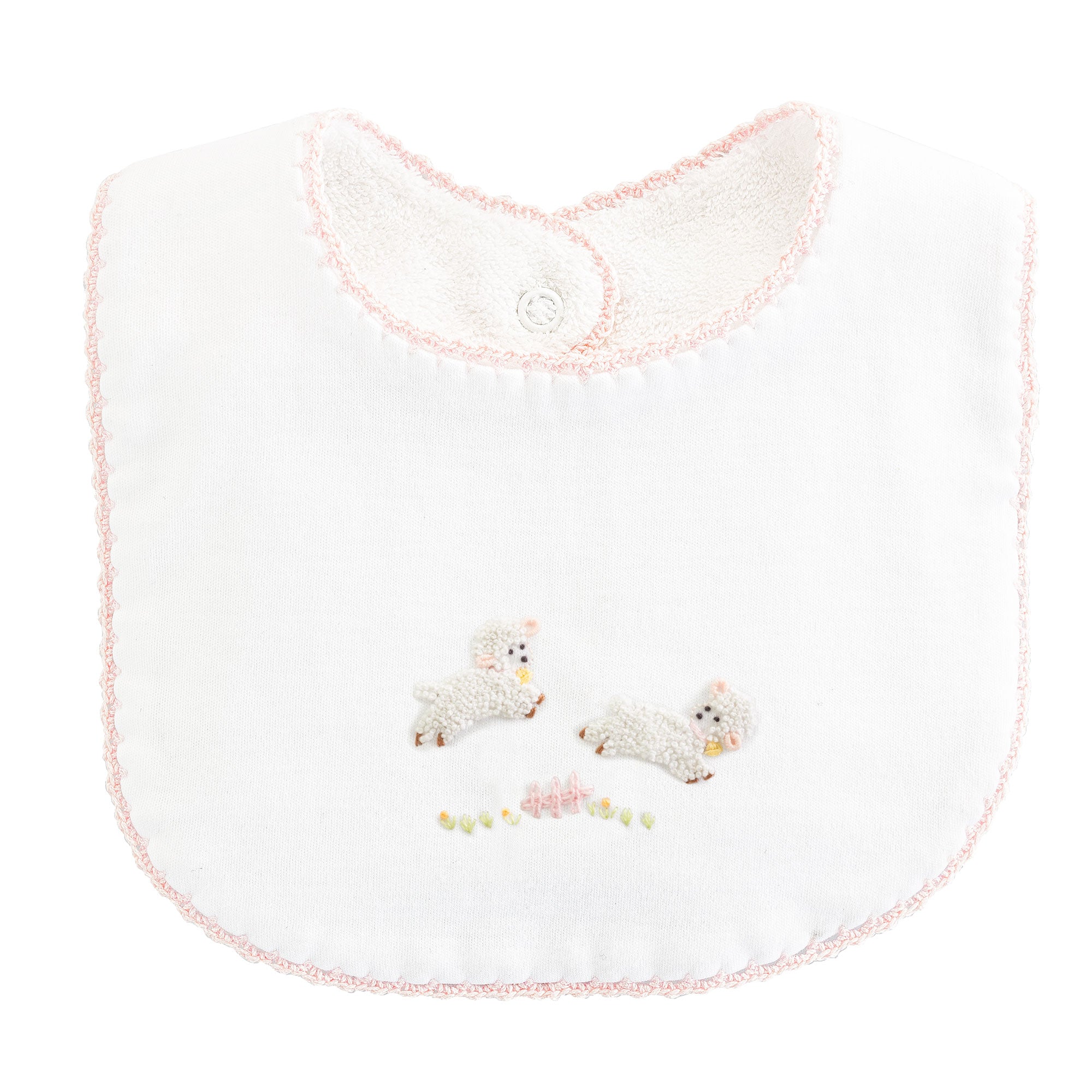 Embroidered Bib With Baby Lambs and Pink Crochet Trim