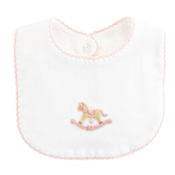 Embroidered Bib - Cute Rocking Horse and Pink Crochet Trim