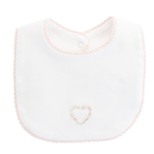 Embroidered Bib - Sweet Heart and Pink Crochet Trim