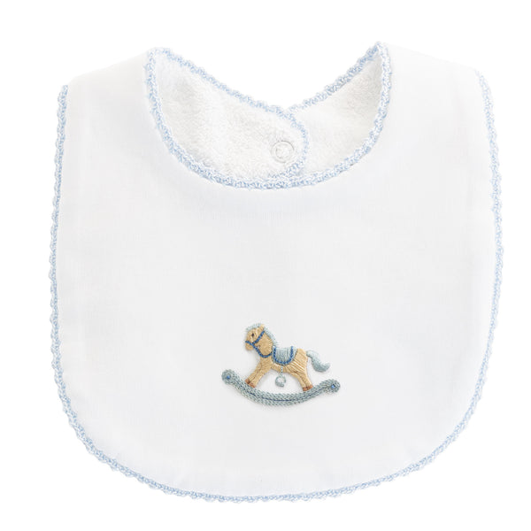 Embroidered Bib - Cute Rocking Horse and Blue Crochet Trim