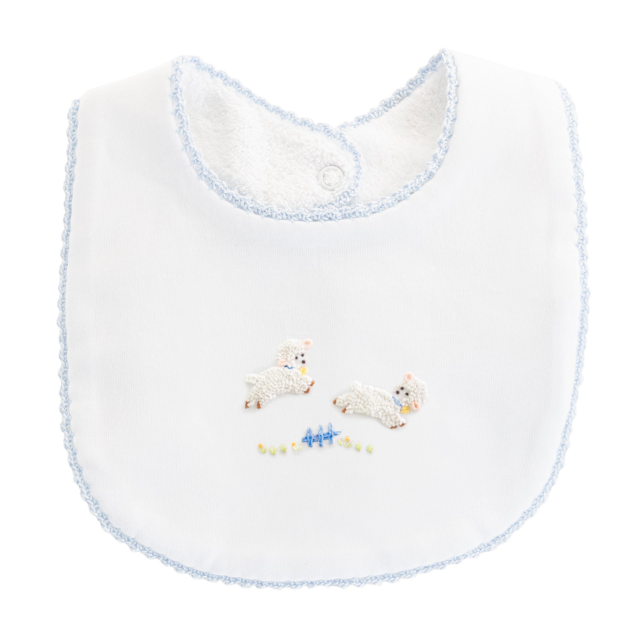 Baby Lambs Bib w/Crochet Trim, Blue