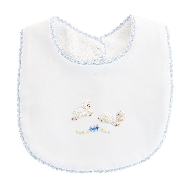 Embroidered Bib With Baby Lambs and Blue Crochet Trim