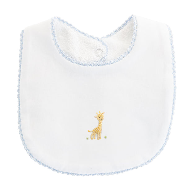 Embroidered Bib With Safari Adventure and Blue Crochet Trim