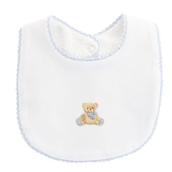 Embroidered Bib - Toys and Blue Crochet Trim