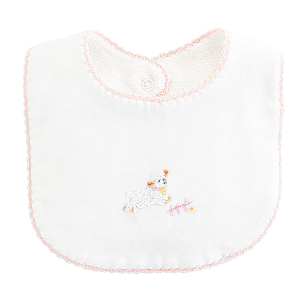 Baby Lambs Embroidered Bib With Crochet Trim, Pink