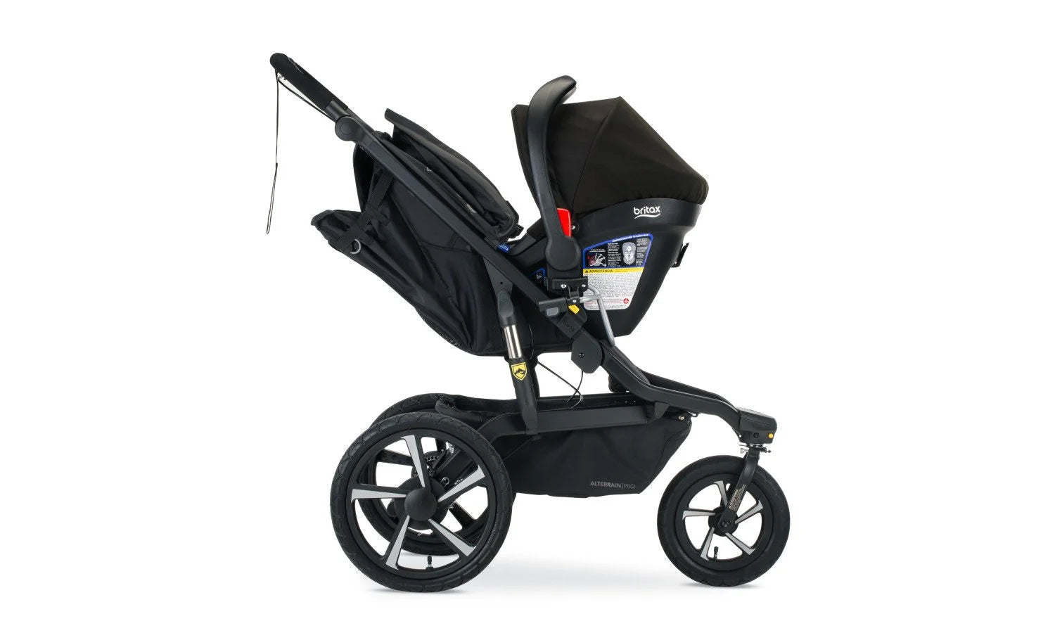 Left Side Profile of Alterrain Pro Stroller with Closed Canopy and attached Britax Infant Car Seat