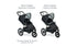 Graphic of jogging stroller with adapter frame attached and another jogging stroller with just the receivers attached