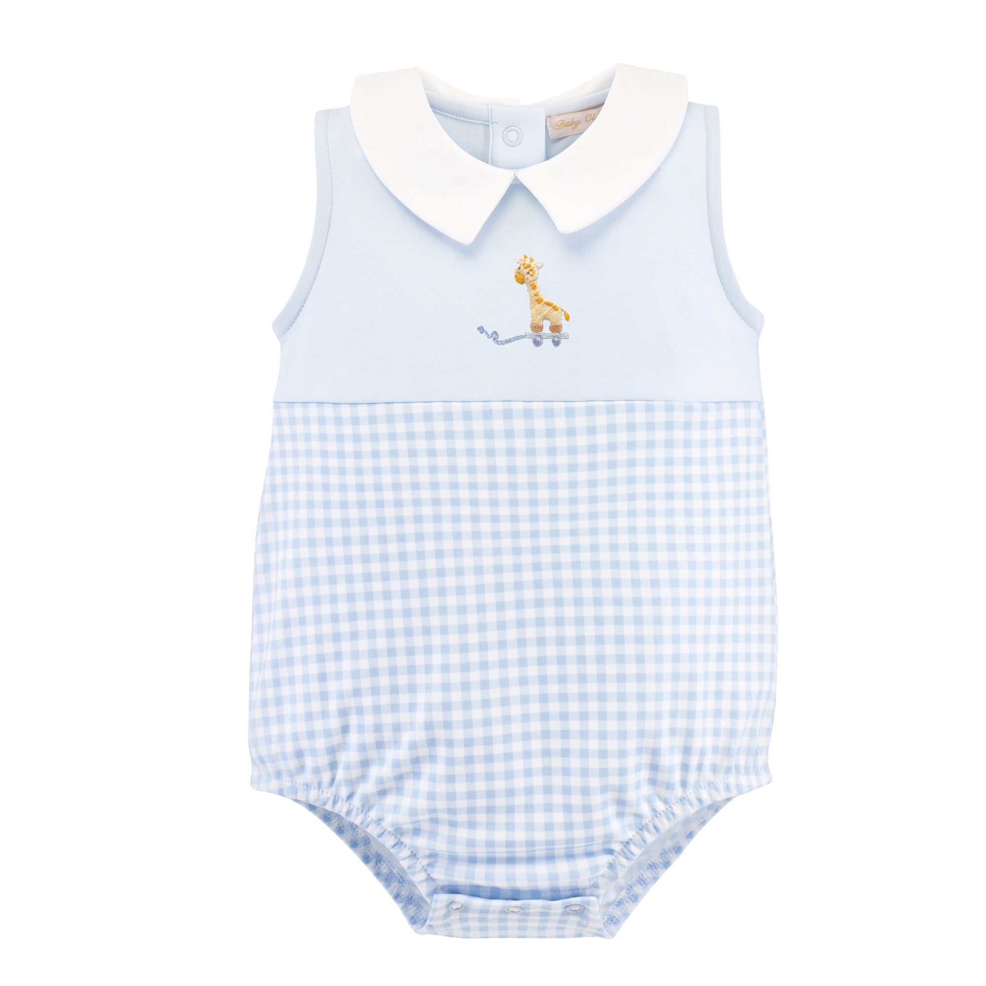 Tiny Giraffe Light Blue Gingham Bubble with Embroidery