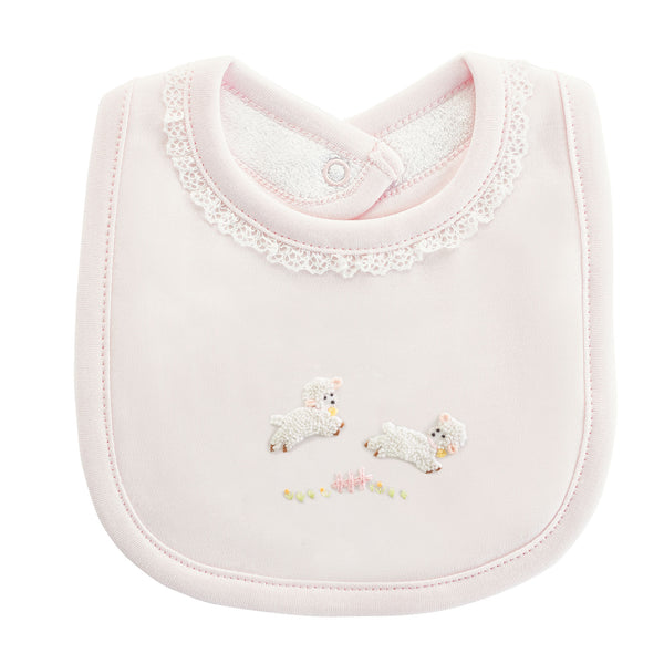 Baby Lambs Embroidered Bib With Lace Trim, Pink