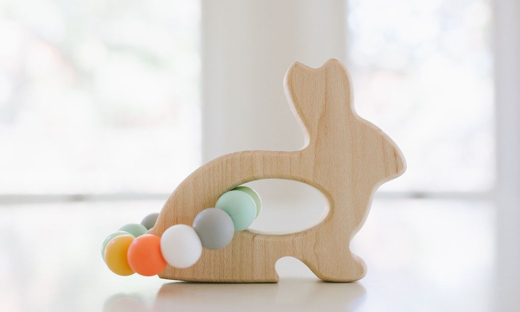 Bannor Toys Bunny Grasping Wooden Baby Toy with Teething Beads