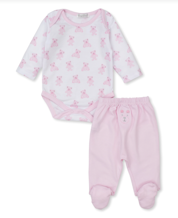 Beary Plaid Footed Pant Set, Pink