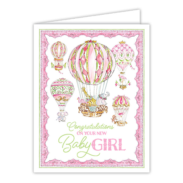 Card - Handpainted Congratulations on your New Baby Girl Hot Air Balloons