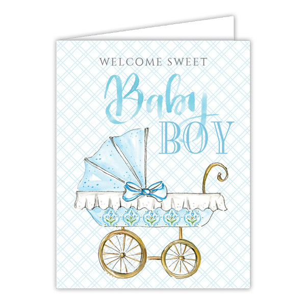 Card - Handpainted Welcome Sweet Baby Boy Carriage
