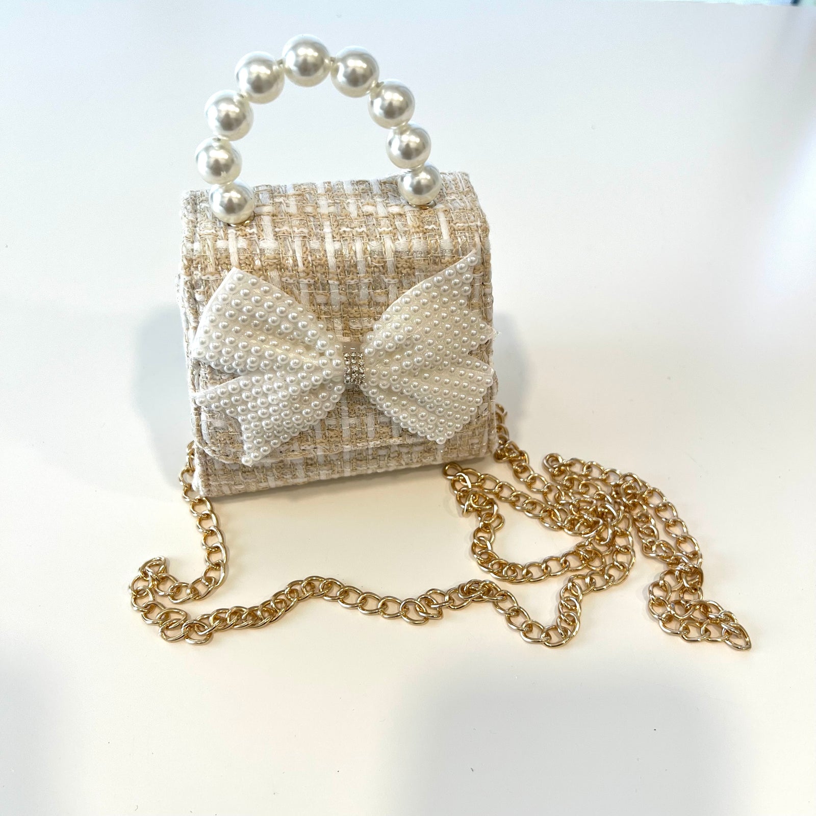 Ce Ce Co Tweed Luxe Pearl Bow Purse - Beige