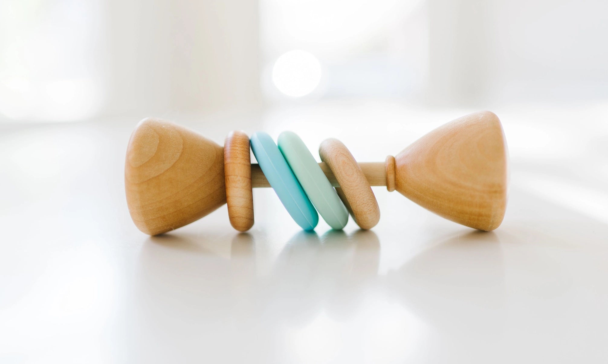 Bannor Toys Color Block Classic Rattle Wooden Baby Toy, Mint/BabyBlue
