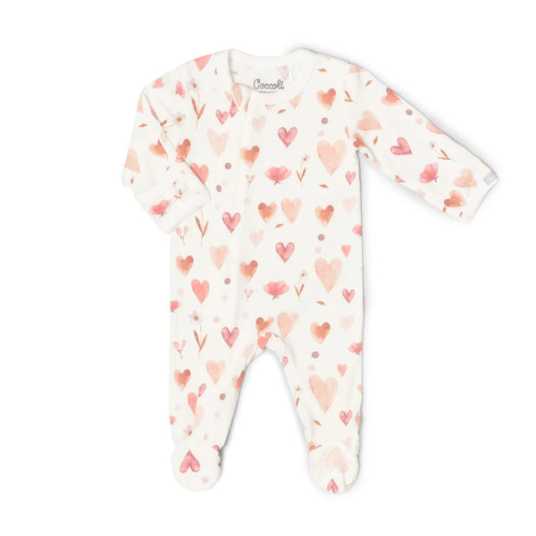 Cotton Modal Zipped Footie, Hearts On Cream