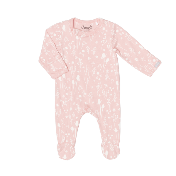 Cotton Modal Zipped Footie, Plants On Pink