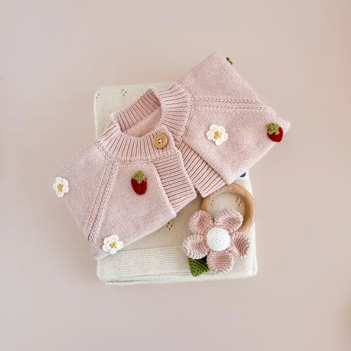 The Blueberry Hill Cotton Strawberry Flower Cardigan, Blush