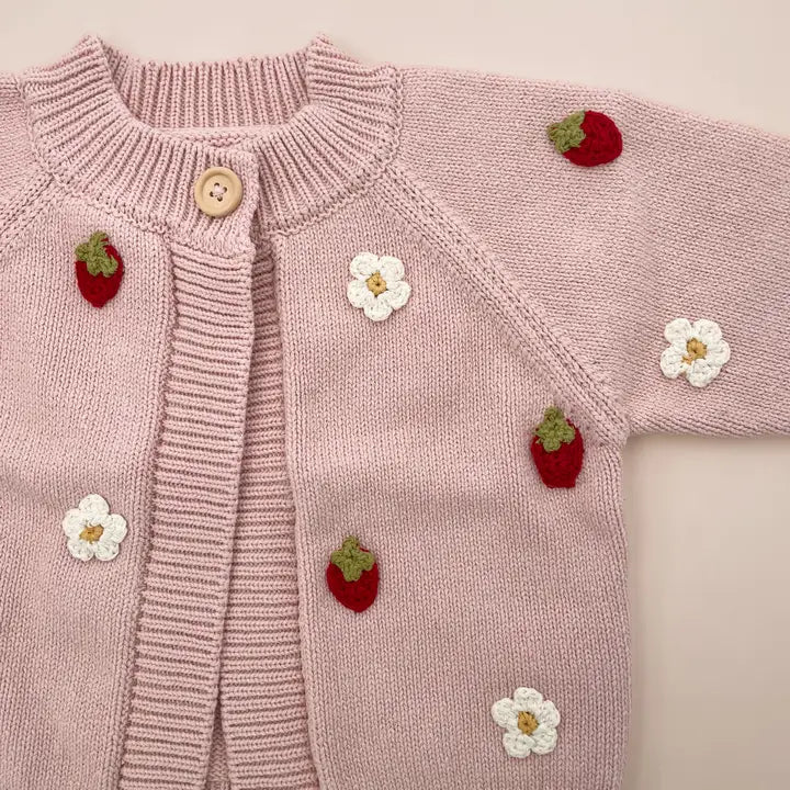 The Blueberry Hill Cotton Strawberry Flower Cardigan, Blush