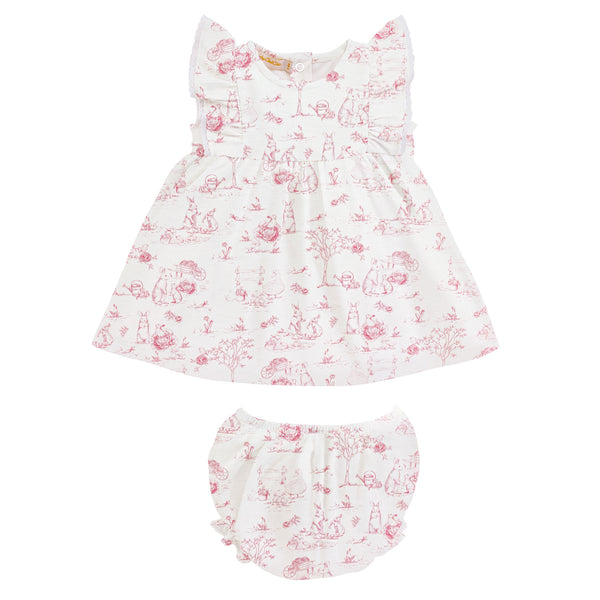 Pink Toile Bunnies Dress Set with Ruffle