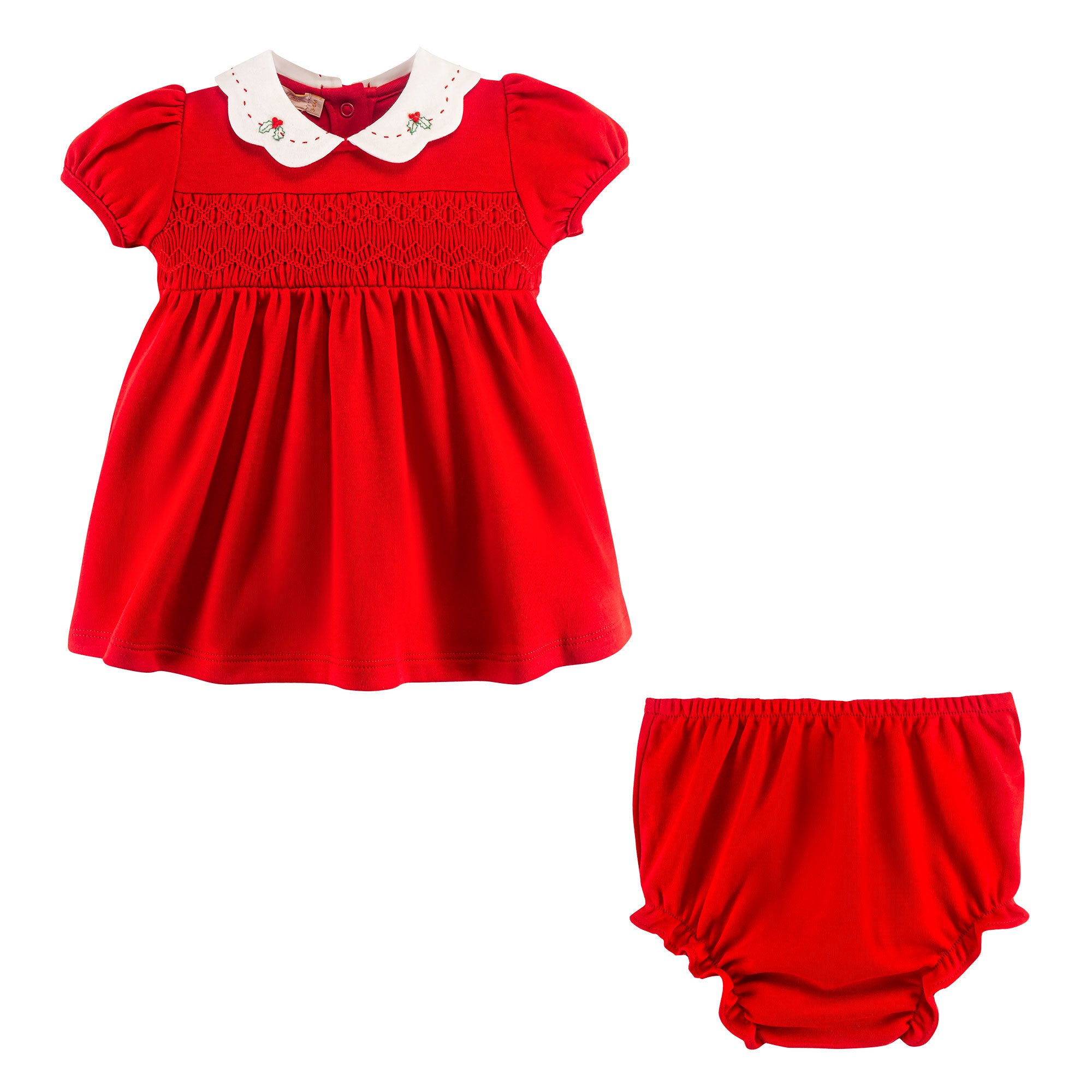 Smocked Embroidered Dress Set with Scalloped Collar, Red