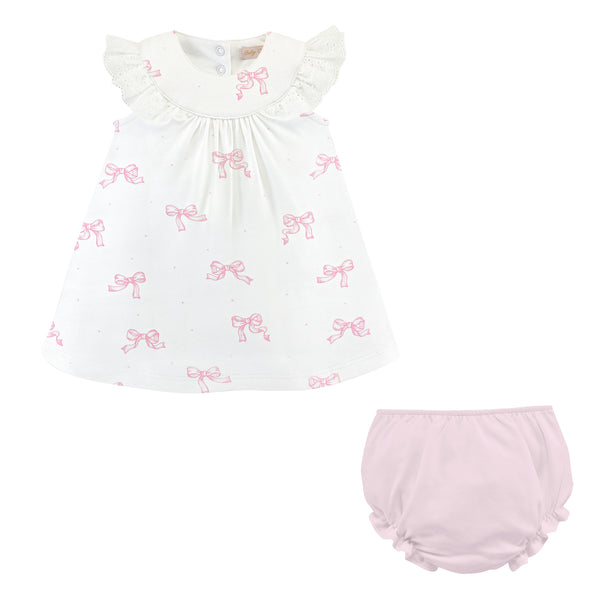 Pink Pretty Bows Dress Set with Ruffled Lace