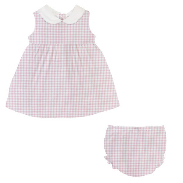 Pink Mini Checks Dress Set with Round Collar