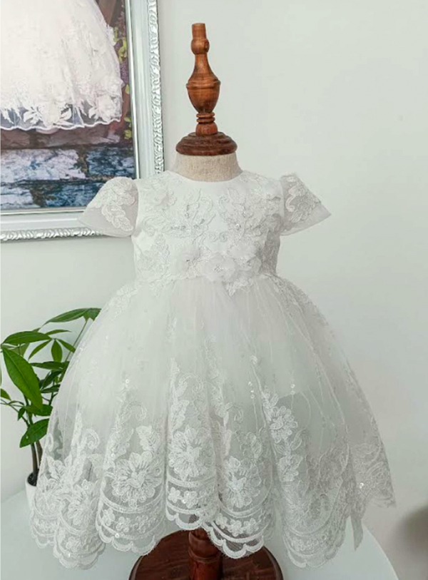 Embroidered with Lace High Low Dress, 3D Flower Accents