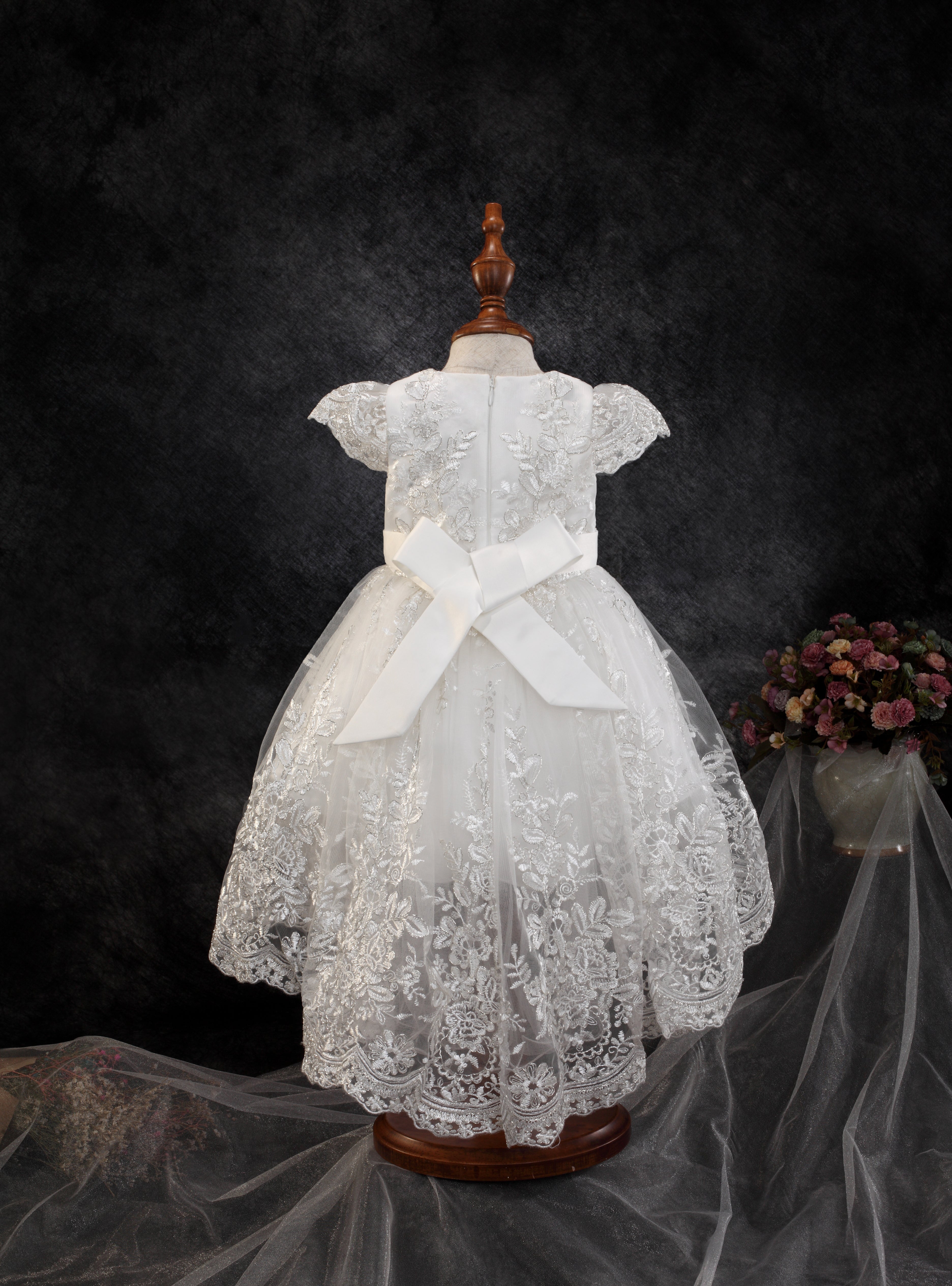 Embroidered with Metallic Lace High Low Dress, Bow