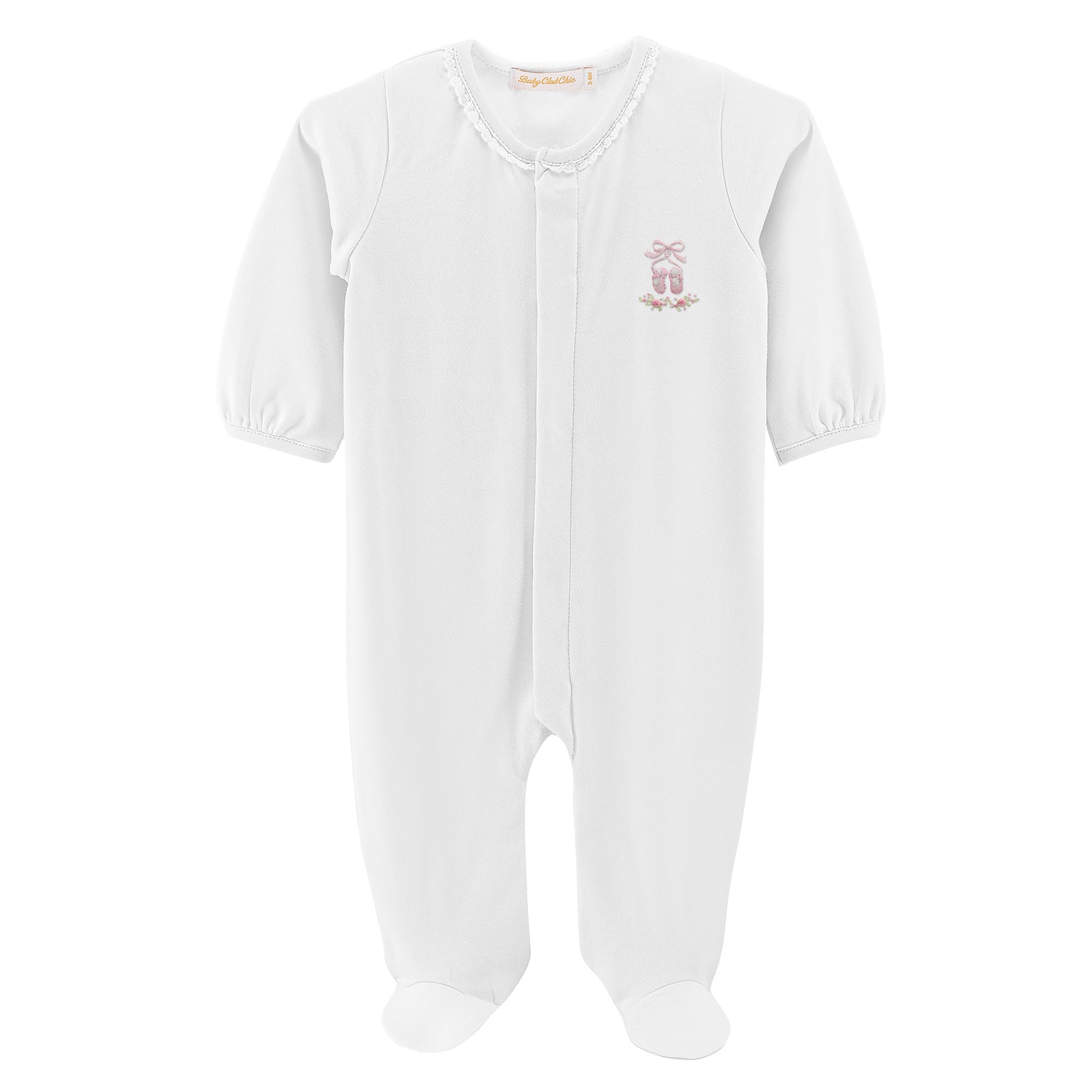 Baby Club Chic Sugarplum Steps Embroidered Pima Footie with Lace Trim