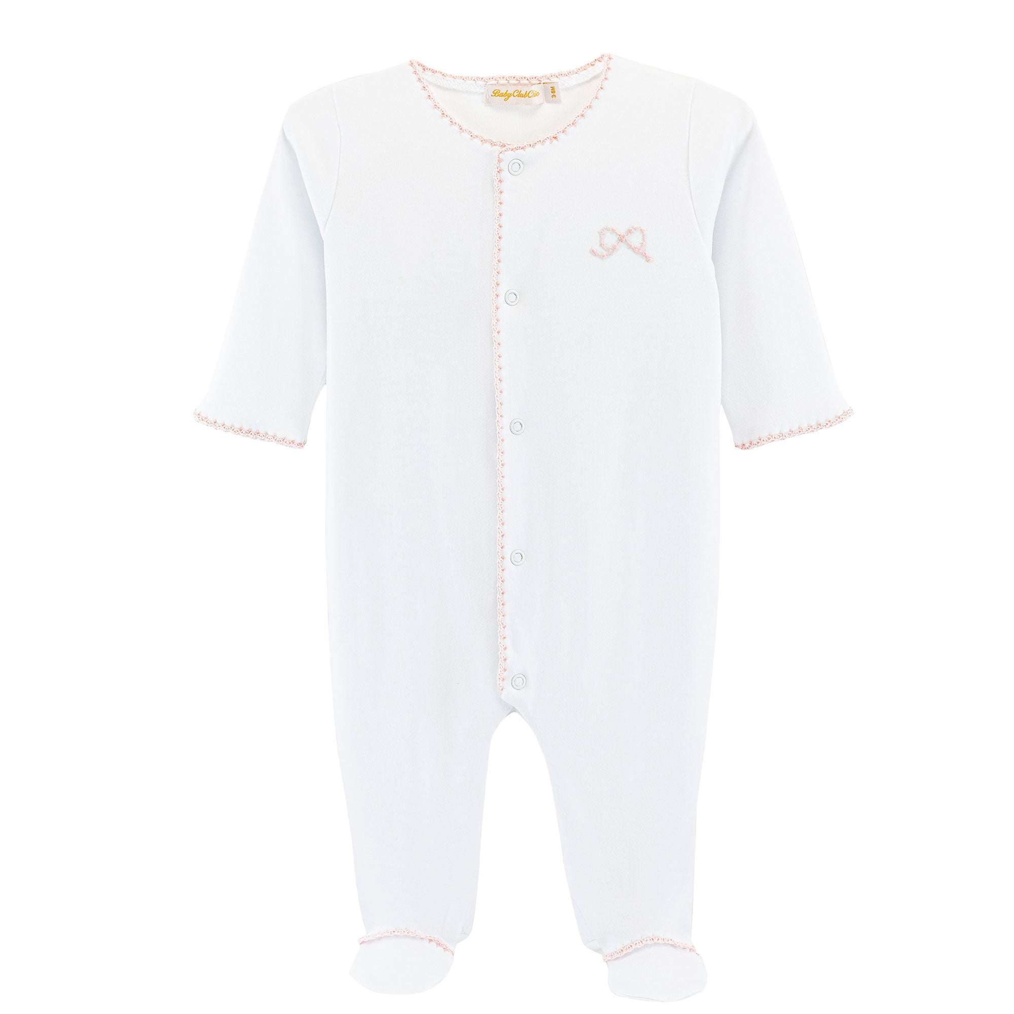 Baby Club Chic Pretty Bows White Footie with Pink Crochet Trim