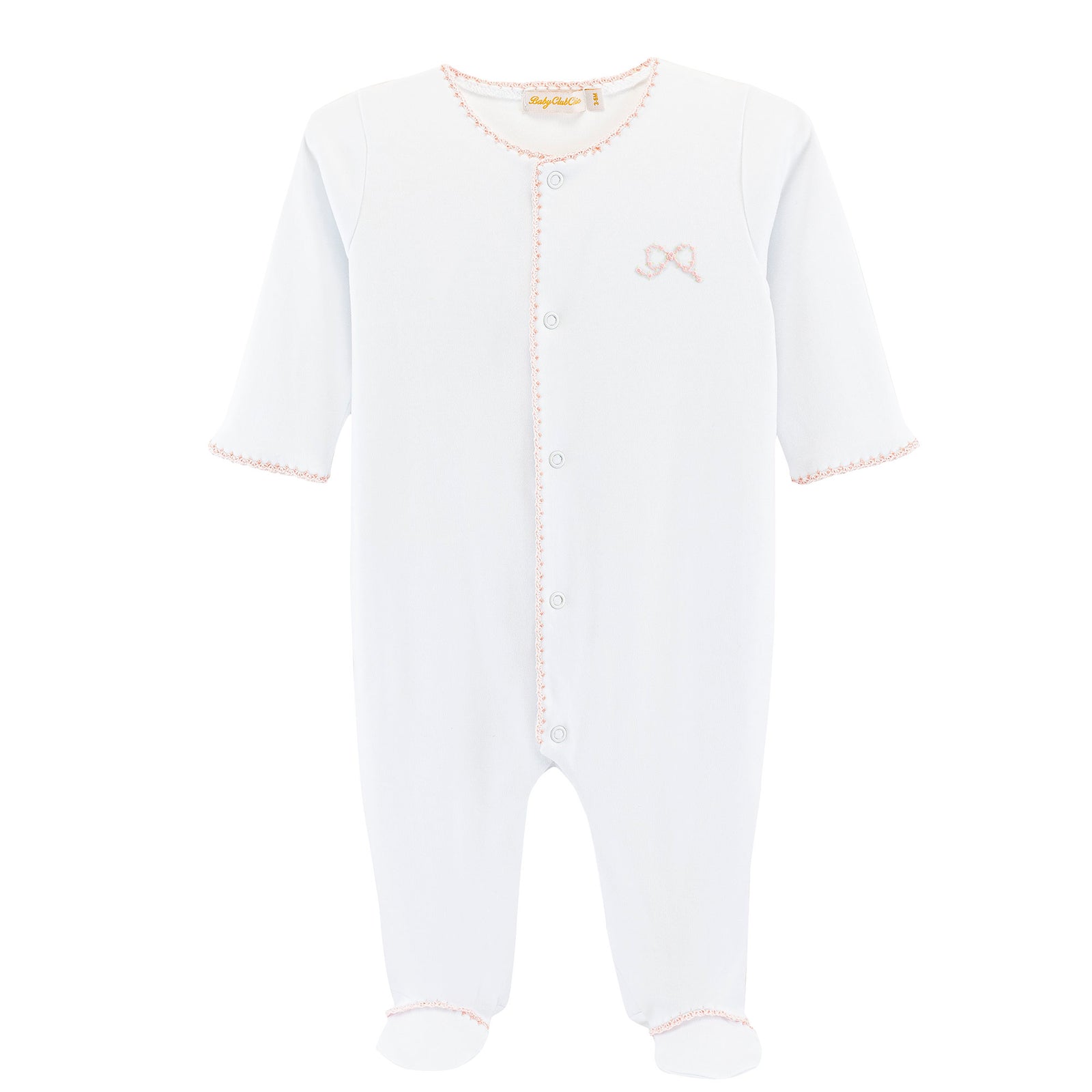 Baby Club Chic Pretty Bows White Footie with Pink Crochet Trim