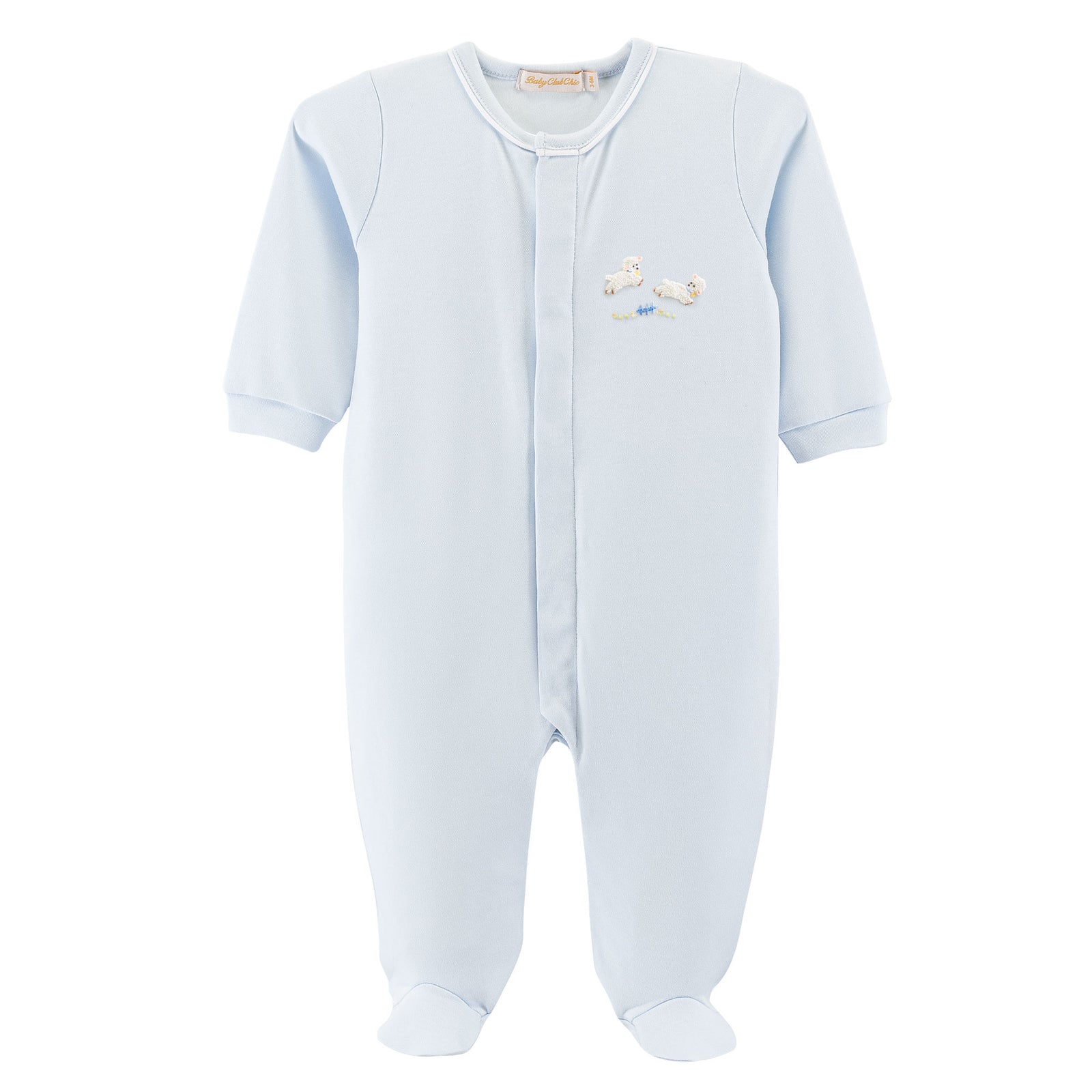 Baby Club Chic Baby Lambs Blue Footie with Crochet Trim